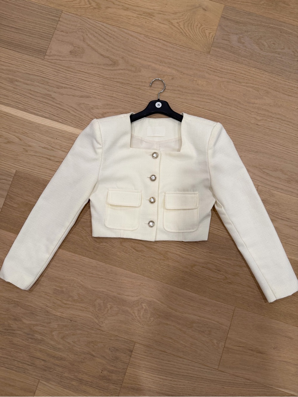 Korean Brand Cream Cropped Pearl-Button Blazer